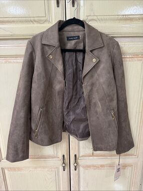 Ivanka Trump Taupe Suede Moto-Style Jacket with Gold Hardware